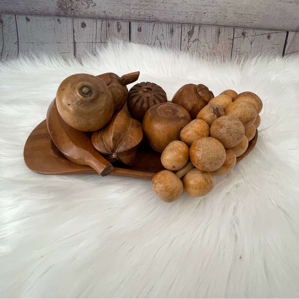 Vintage 9 Pc MCM Mid Century Wooden Fruit Bowl Wooden Tray Genuine Monkey Pod